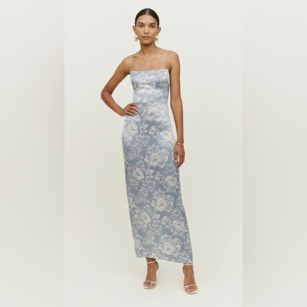 Reformation Frankie Silk Formal Dress Spaghetti Strap Porcelain Blue Floral 10 P - Picture 13 of 16